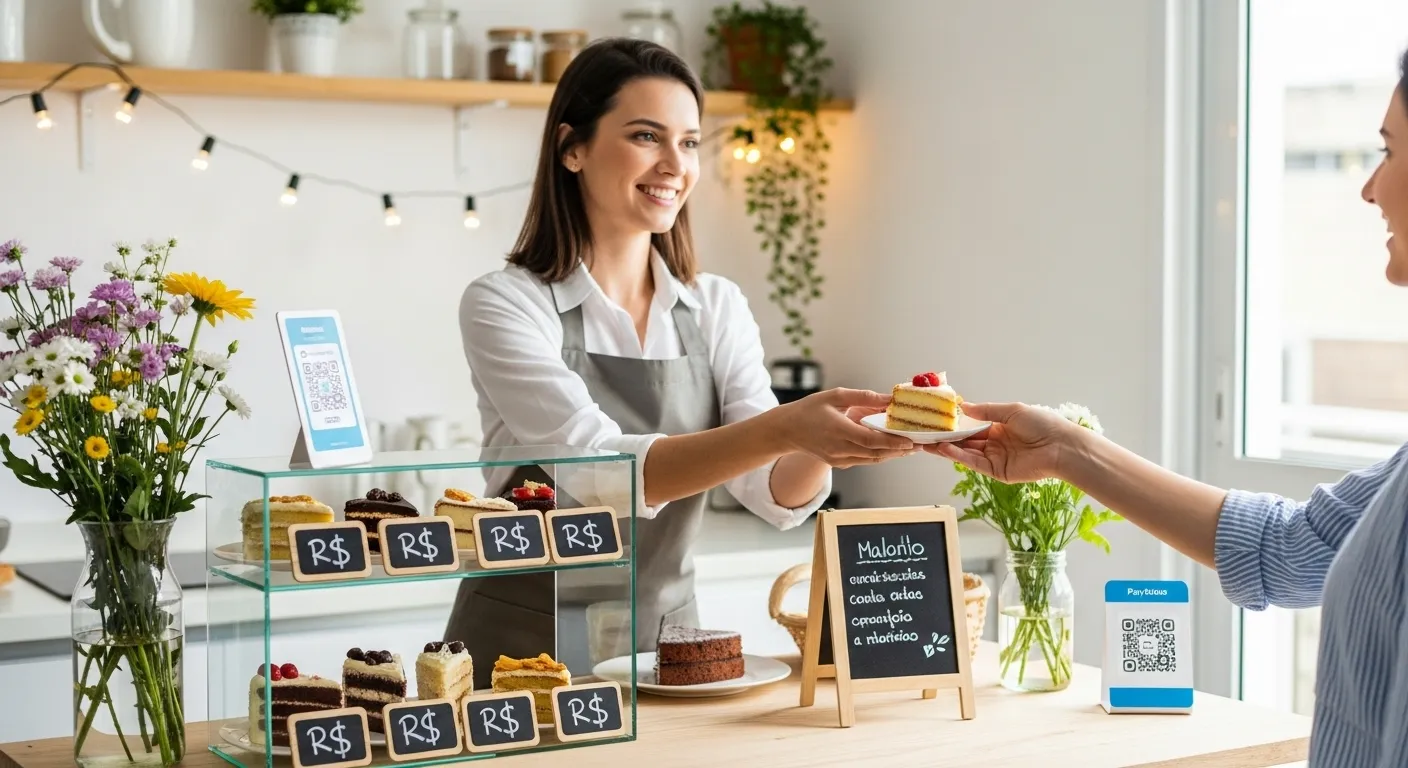 Como Testar Receita Antes de Vender : O Método das 10 Degustações (Passo a Passo Completo) 5 como testar receita antes de vender Empreendedora de comida caseira vendendo fatia de bolo embalada para cliente em balcão doméstico organizado