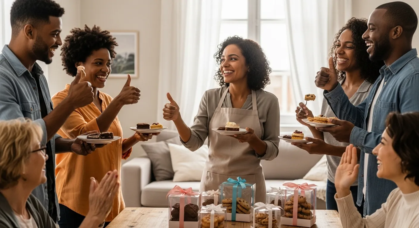Como Testar Receita Antes de Vender : O Método das 10 Degustações (Passo a Passo Completo) 4 como testar receita antes de vender Empreendedora de comida caseira recebendo parabéns e feedback positivo de grupo de testadores provando seus produtos