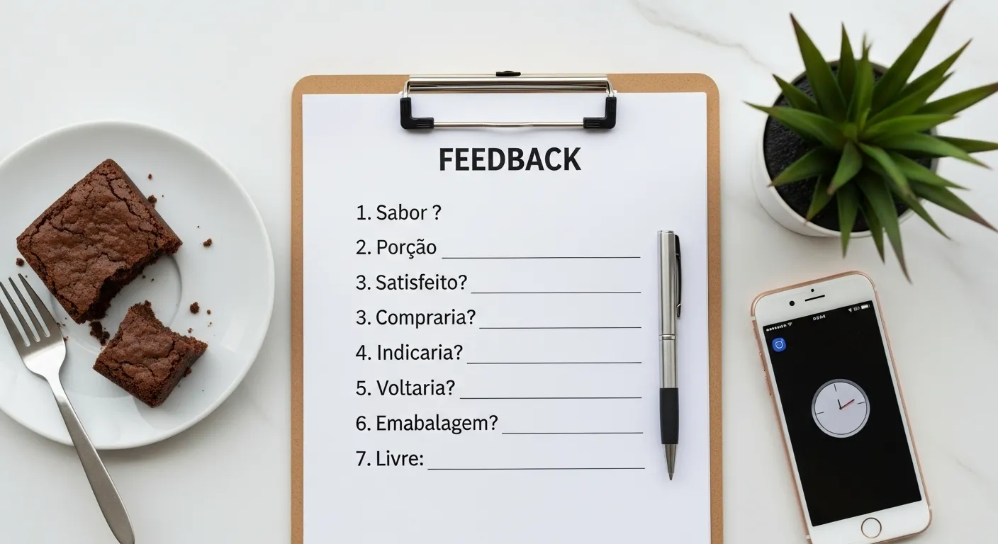 como testar receita antes de vender Formulário de feedback impresso em prancheta ao lado de produto alimentício sendo testado