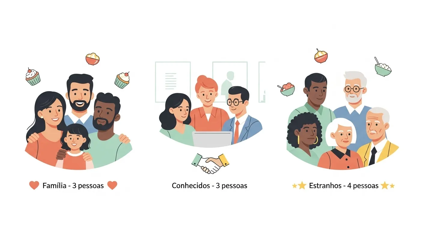 Como Testar Receita Antes de Vender : O Método das 10 Degustações (Passo a Passo Completo) 1 como testar receita antes de vender Infográfico mostrando os três grupos de testadores: 3 familiares, 3 conhecidos e 4 estranhos