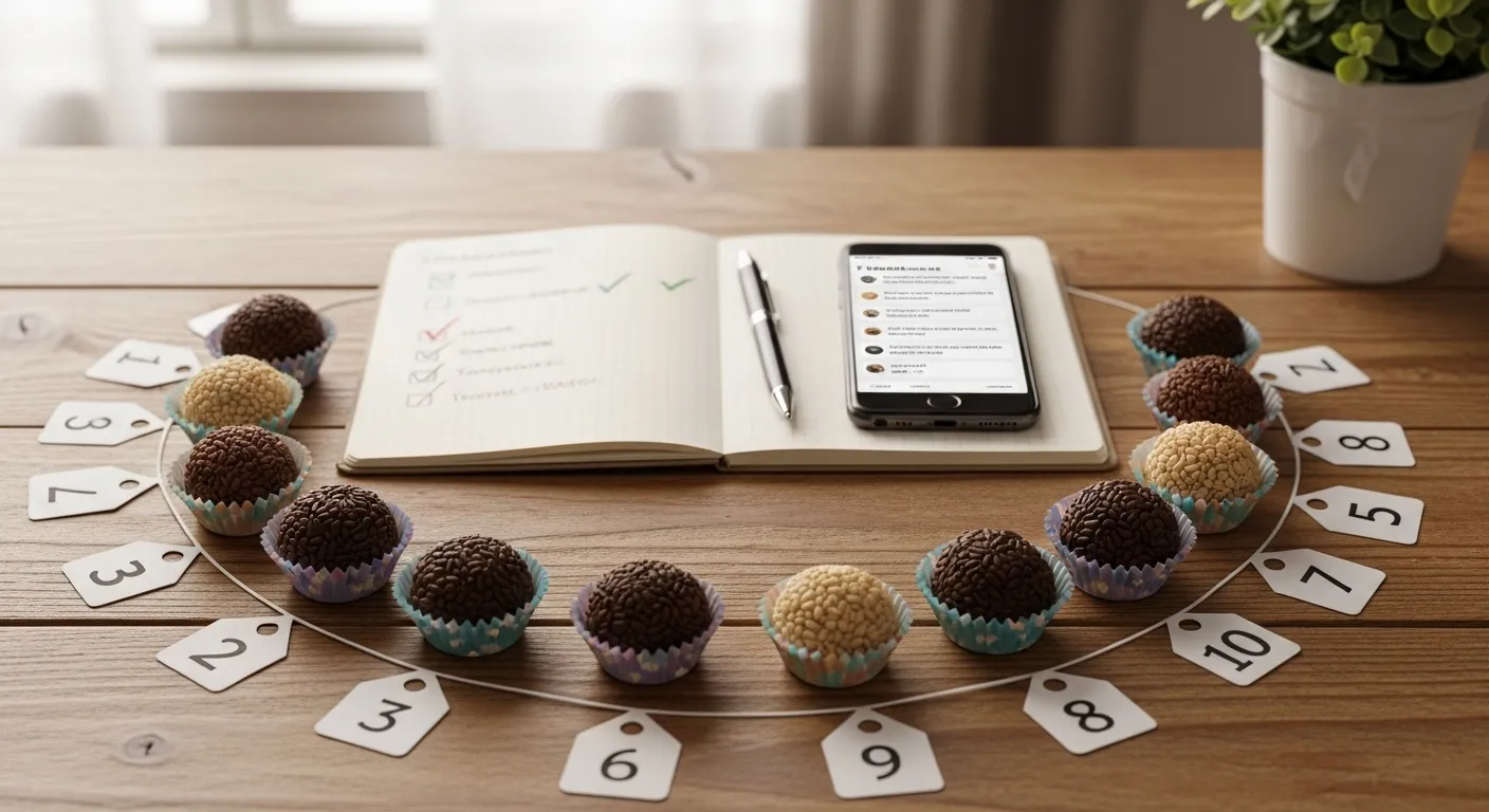 Como Testar Receita Antes de Vender : O Método das 10 Degustações (Passo a Passo Completo) 3 como testar receita antes de vender Mesa com 10 porções de brigadeiro organizadas em círculo para teste de degustação, com caderno de anotações ao centro