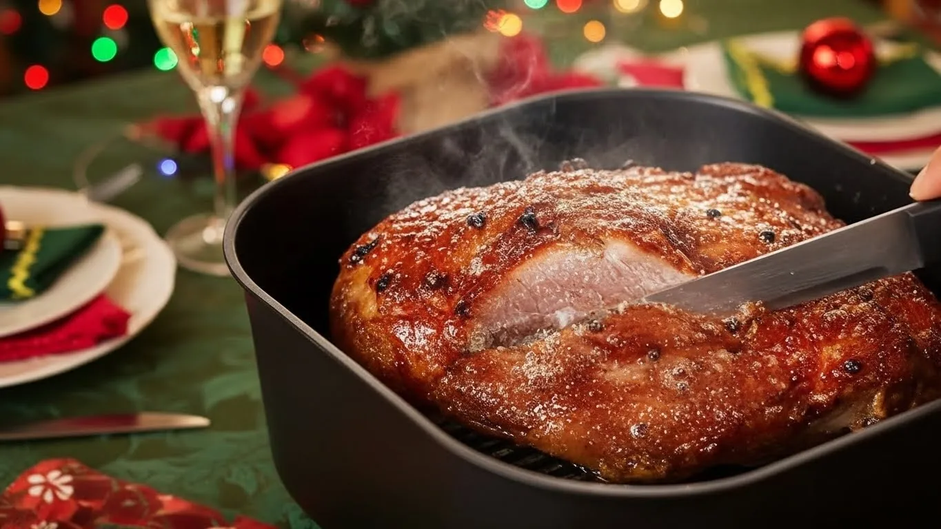 Pernil na Airfryer O Segredo da Suculência que o Açougueiro Não Te Conta 1 Pernil na airfryer fatiado servido na mesa de ceia de Natal com decoração festiva.