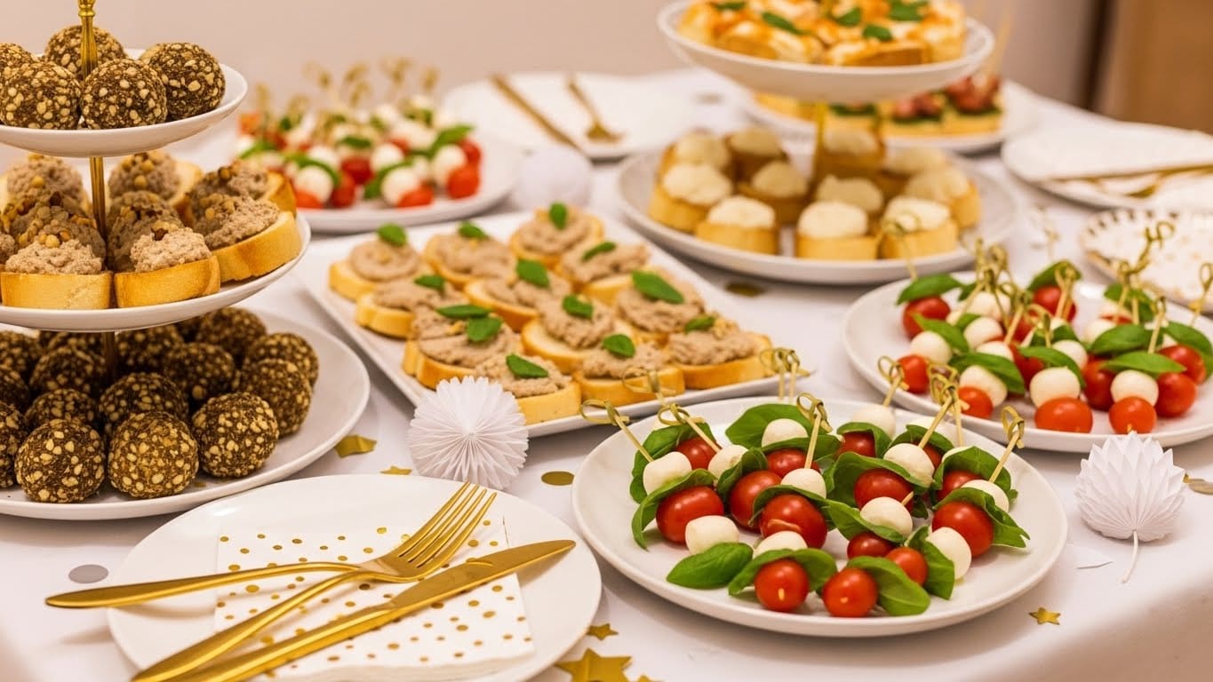 Petiscos rápidos para Ano Novo: entradas fáceis e deliciosas em até 20 minutos 2 mesa de Réveillon com petiscos rápidos para Ano Novo e decoração simples