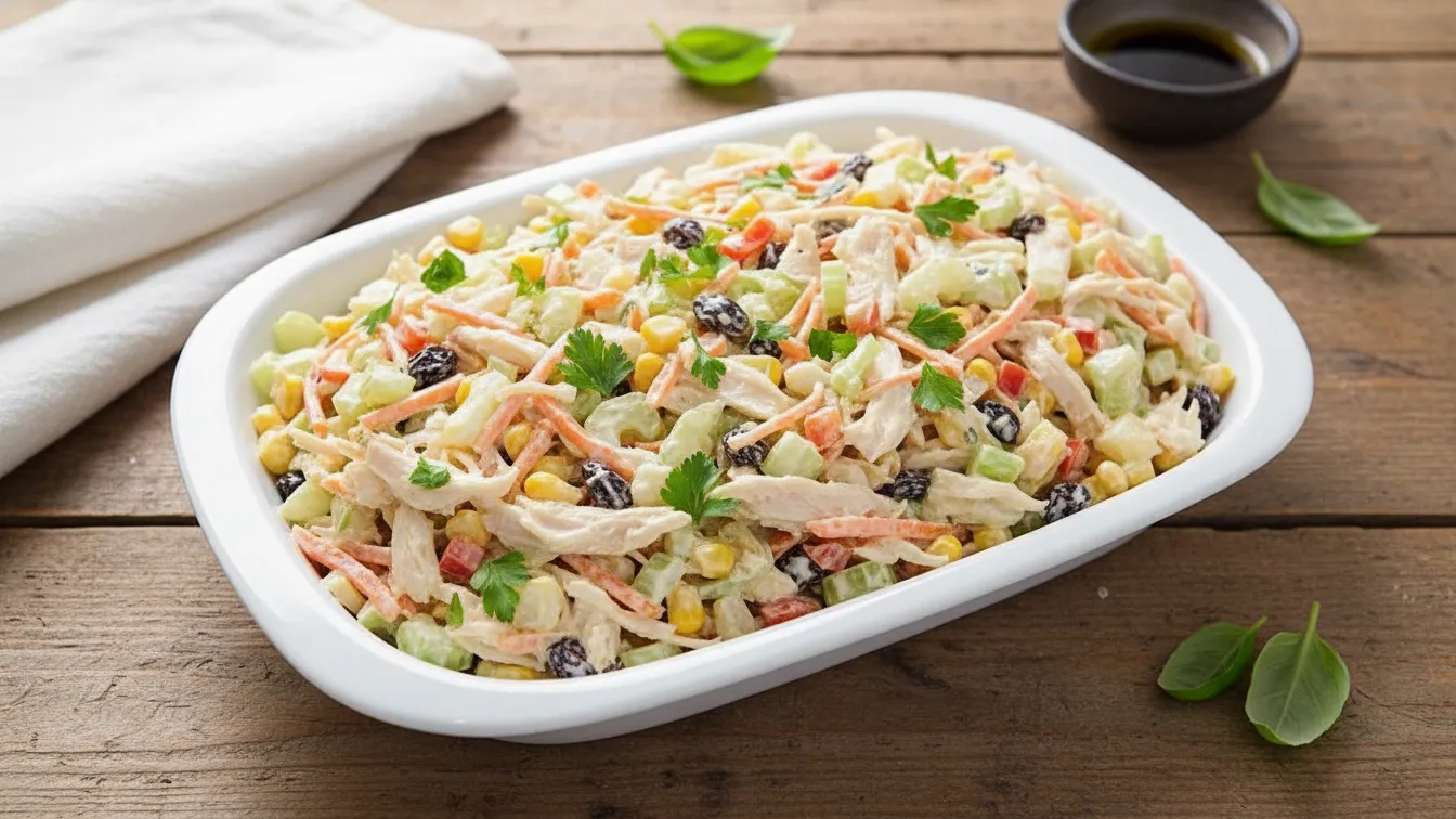 Salpicão simples e leve: como fazer um prato cremoso sem pesar 1 salpicão simples e leve cremoso servido na travessa