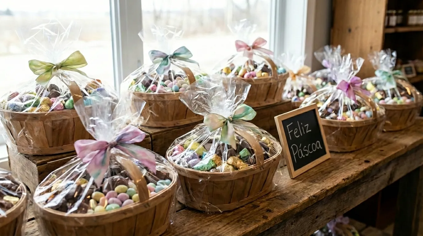 cestas de páscoa para vender organizadas com chocolates e embalagens decoradas