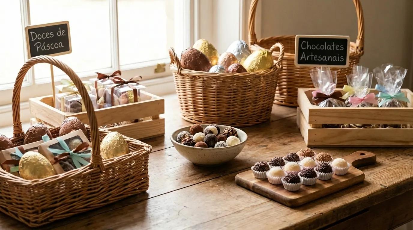 produtos lucrativos para vender na páscoa organizados em mesa