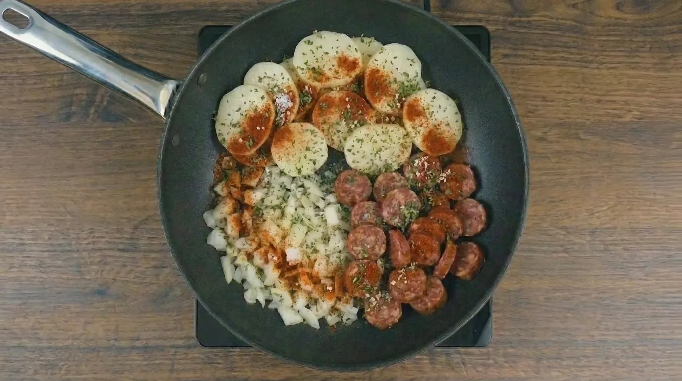 Jantar rápido com batata e linguiça na frigideira