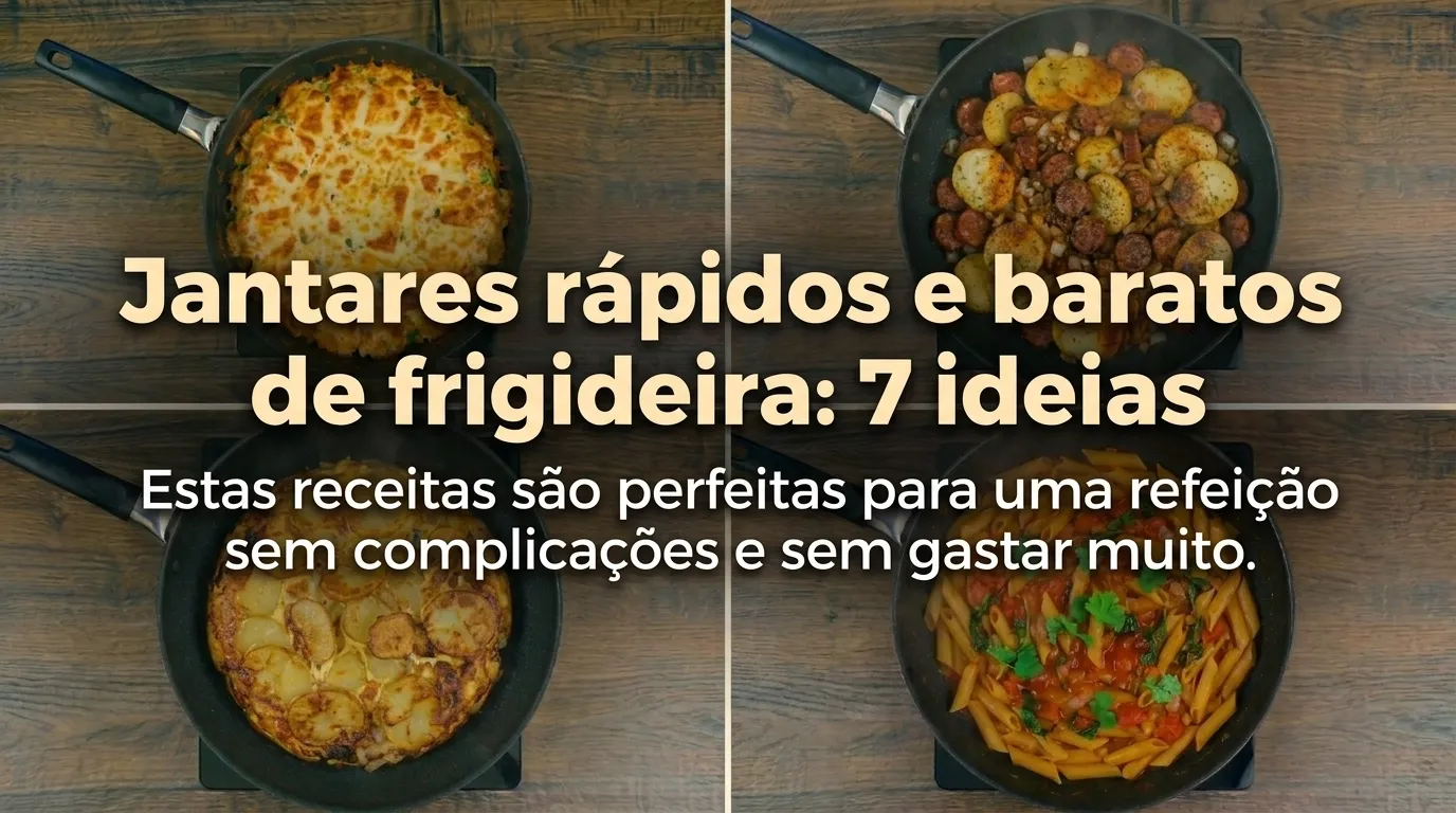Colagem com receitas na frigideira e ideias de jantar rápido e barato