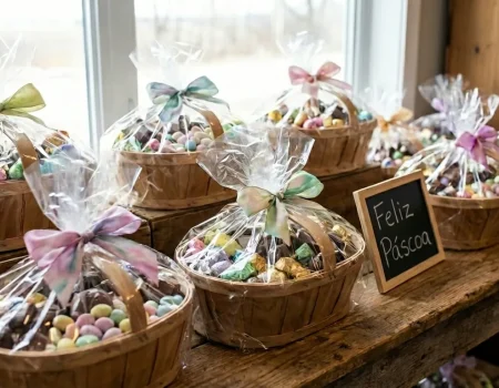 cestas de páscoa para vender organizadas com chocolates e embalagens decoradas