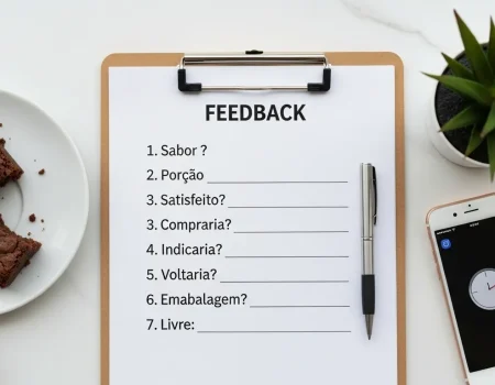 como testar receita antes de vender 3 como testar receita antes de vender Formulário de feedback impresso em prancheta ao lado de produto alimentício sendo testado