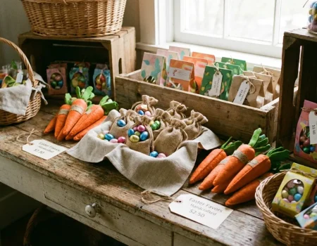 lembrancinhas de páscoa para vender organizadas em mesa